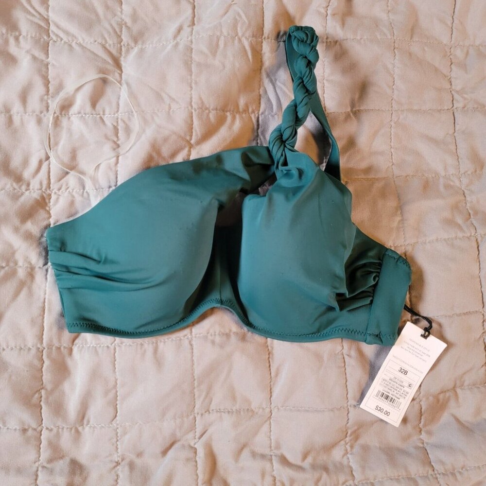 Shade & Shore Womens Dark Green One Shoulder Twist Strap Swim Top Size 32B NWT